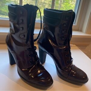 TOD’S | Patent Heeled Military Bootie | Burgundry/Brown | Size 8.5 US or 39 EU